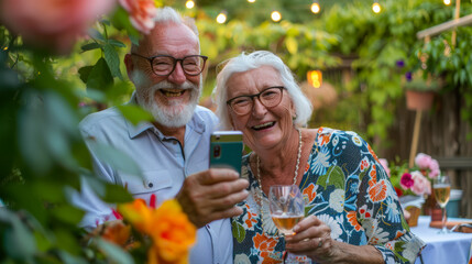 Happy senior couple enjoying wine and taking selfie at garden party