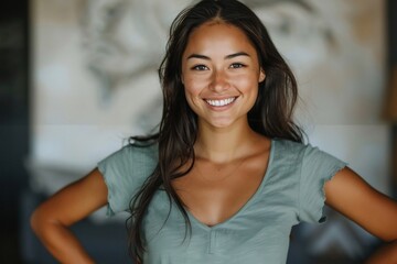 Smiling Brunette Woman with Confidence and Carefree Joy