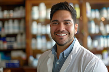 Fototapeta premium Hispanic handsome man smiling, Pharmacist
