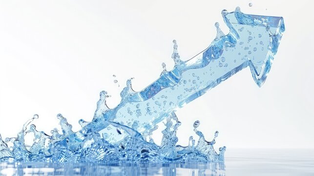 A 3D arrow made of flowing water, rising upwards, symbolizing liquidity and financial growth, on a stark white background.