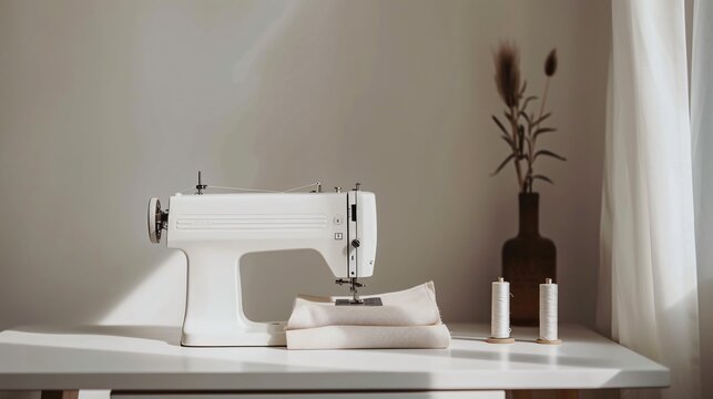 A minimalist sewing machine on a clean table with a small stack of fabric and a single spool of thread