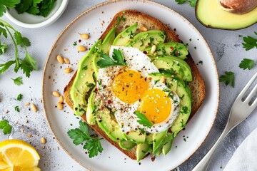 Vibrant avocado toast topped with poached eggs and spices, served on a white plate