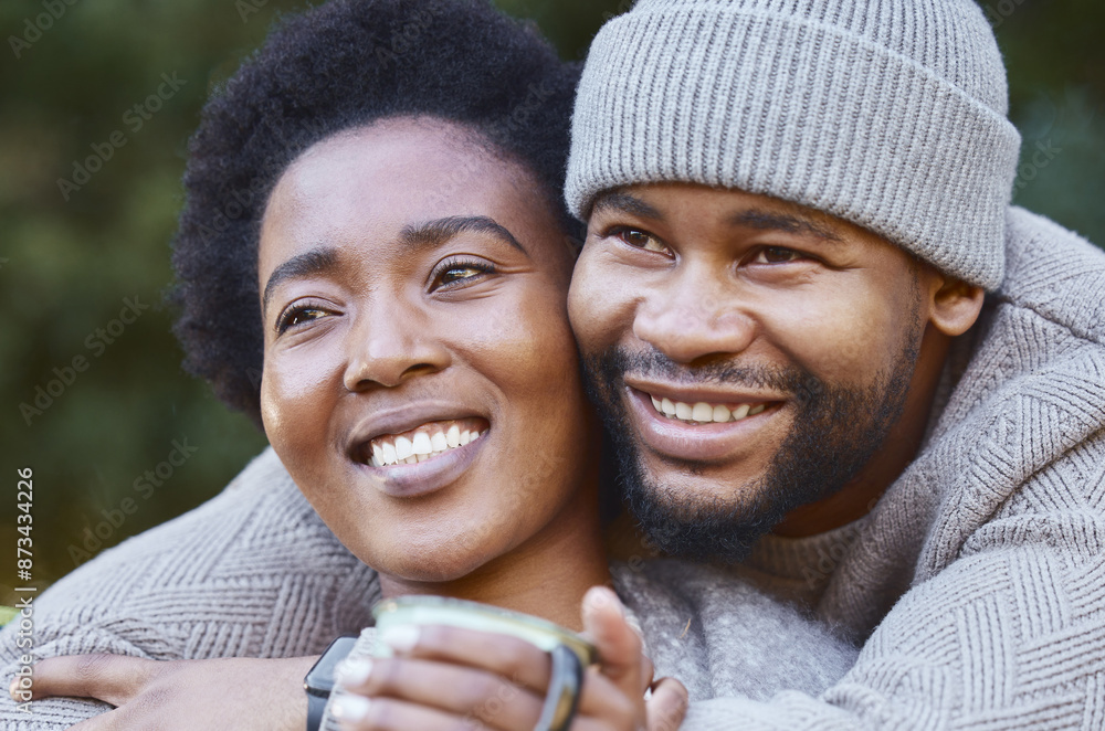 Sticker Couple, hug and thinking in countryside for love, holiday and adventure or winter camping trip. Black man, woman and embrace outdoor for support, comfort and together with memory and smile in forest