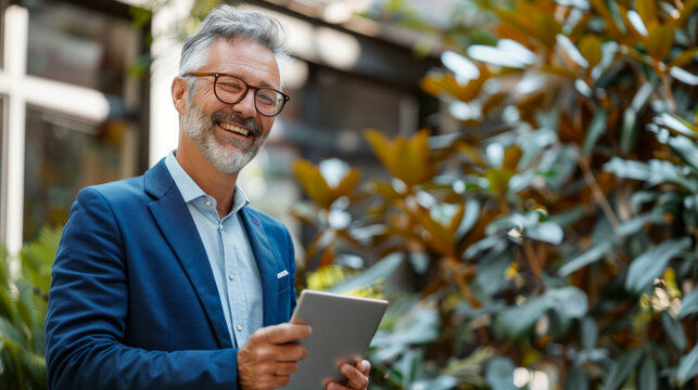Mature businessman smiling and working on tablet in a lush garden