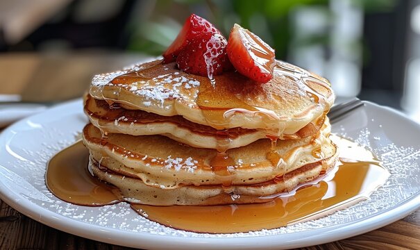 A stack of delicious pancakes garnished with strawberries and drizzled with copper on a white plate