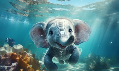 Naklejka premium illustration of cute curious elephant swimming under water in clean sea looking at camera