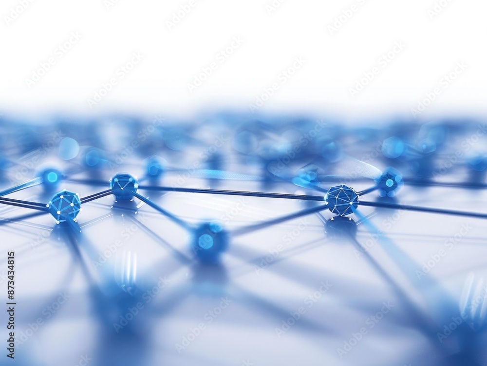 Poster a blue and white image of many small blue spheres connected by lines. concept of interconnectedness 