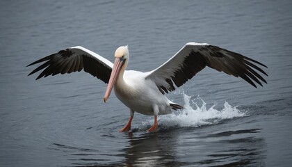 A pelican's graceful landing in the misty morning