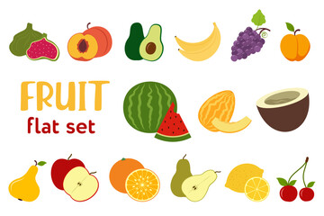 Fruit and Berry collection. Flat style, vegan health food icon. Vector set for package, label, menu. Vector illustration.