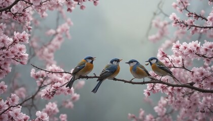 A song of spring: four birds perched on a cherry blossom branch