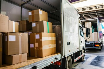 Couriers organizing packages in trucks, optimized efficiency, modern delivery systems