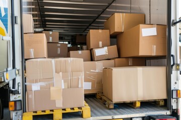 Couriers organizing packages in trucks, optimized efficiency, modern delivery systems