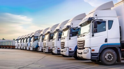 Naklejka premium Fleet of trucks organized at a procurement hub, streamlined distribution channels, advanced logistics management