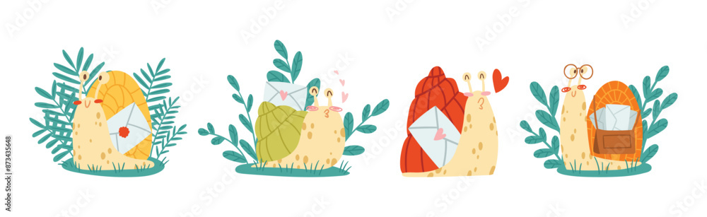 Poster cute snail character with coiled shell carrying envelope on its back vector set