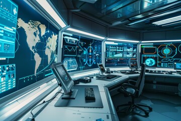 Automated control room managing space cargo, efficient handling systems, futuristic logistics