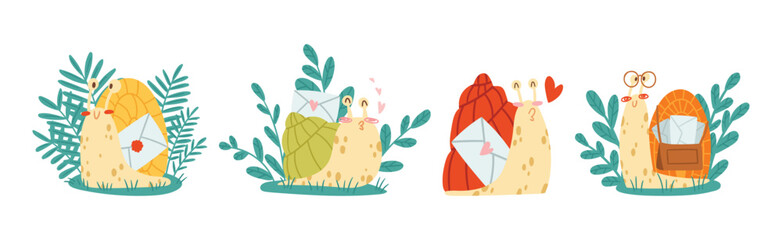 Cute Snail Character with Coiled Shell Carrying Envelope on Its Back Vector Set