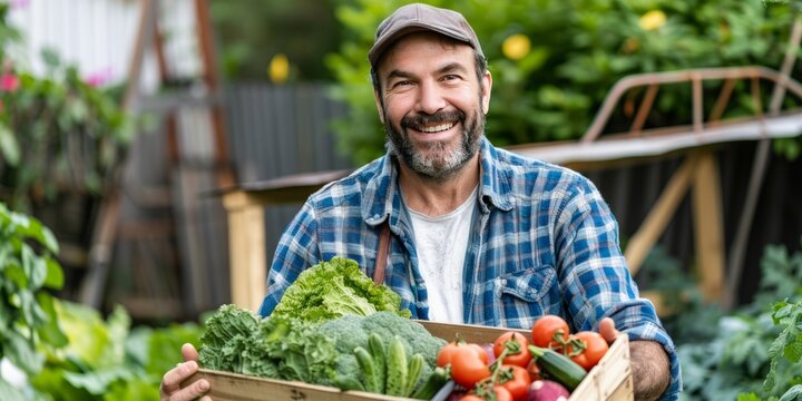Smiling man holding a crate full of fresh vegetables
