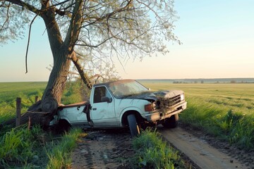 Fototapeta premium White Pickup Truck Collision with Tree on Rural Road in Verdant Countryside Landscape