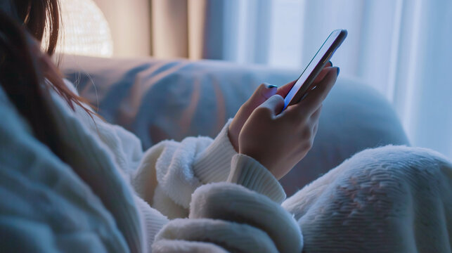 A young woman's hand is seen using a smartphone to browse social media, with a notification icon displayed. This scene reflects the concepts of social distancing and working from home.