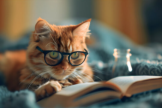 Cat with a book. National Book Lovers Day concept. Funny illustration for book day. Cozy leisure with a book. Сat is a book lover.