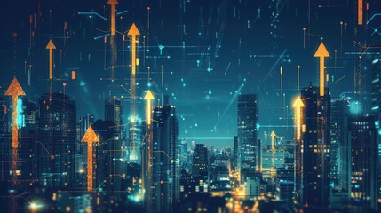 A series of upward trending arrows made of light, overlaying a schematic of a city skyline at night, depicting economic growth.