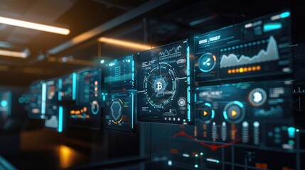 Fototapeta premium A series of floating digital screens in a dark room showing different aspects of blockchain technology and its impact on business.