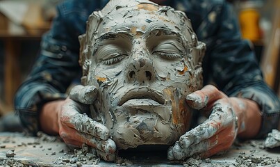 Person is focused on shaping a piece of clay into a sculpture using his hands and tools