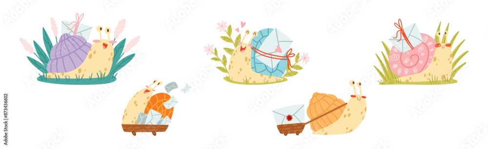 Poster cute snail character with coiled shell carrying envelope on its back vector set