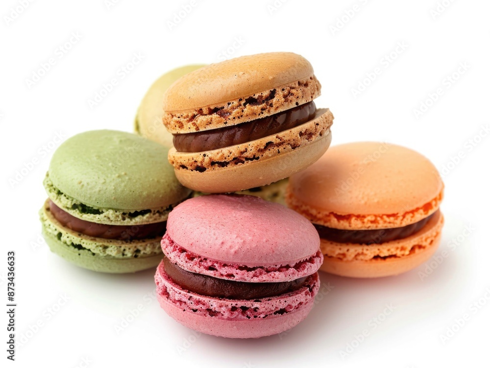 Poster a stack of colorful macarons with different flavors. the macarons are arranged in a pyramid shape, w