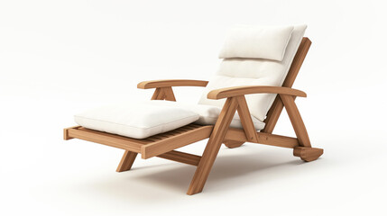 Cozy wooden lounge chair with soft white fabric isolated on light background. 