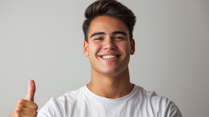 hispanic handsome man smiling Thumbs up gesture isolated on a gray background