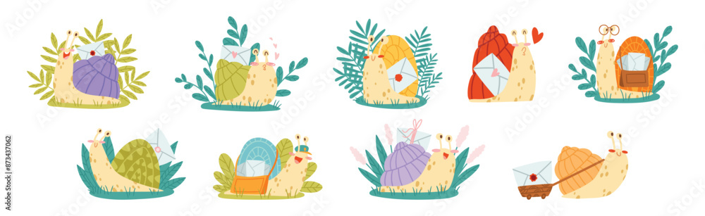 Poster cute snail character with coiled shell carrying envelope on its back vector set