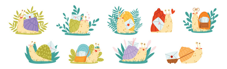 Cute Snail Character with Coiled Shell Carrying Envelope on Its Back Vector Set