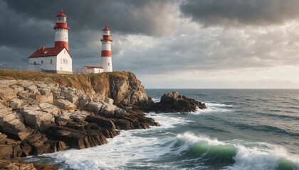 Obraz premium Two lighthouses stand strong against a stormy sea