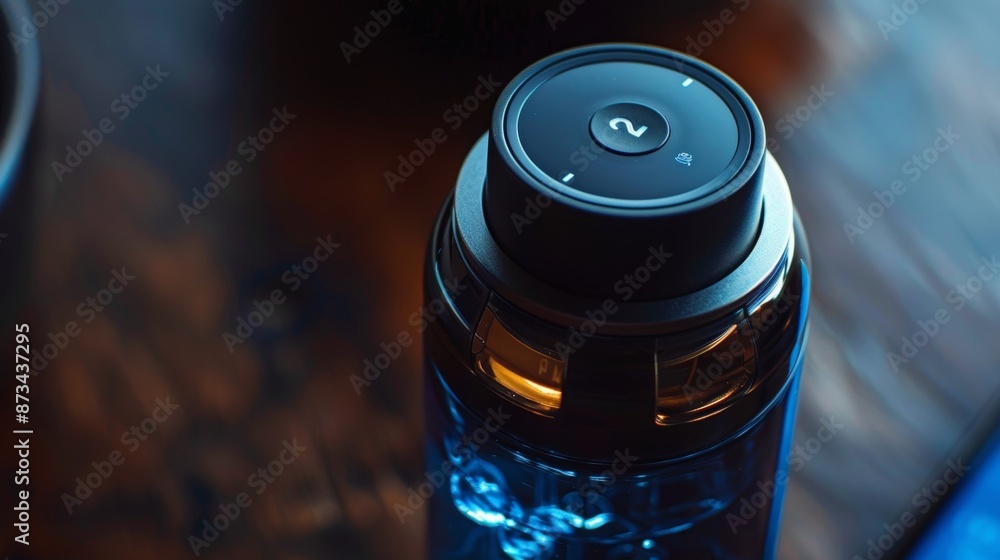 Poster a zoomedin view of the bluetooth connectivity button on a smart hydration bottle allowing users to s