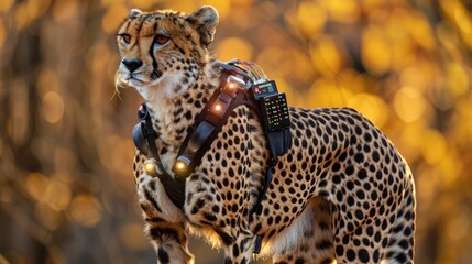 Obraz premium A sleek cheetah wearing a light harness equipped with cameras and sensors, symbolizing the intersection of technology and wildlife observation.