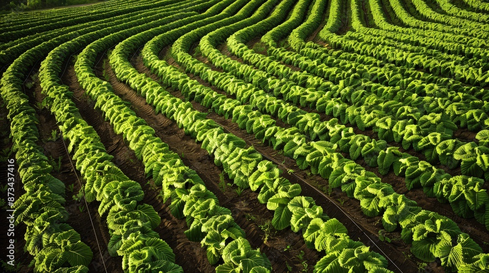 Poster a bird's-eye view of a field with rows of leafy green crops arranged to form a stepped graph trend, 