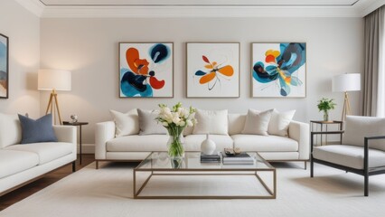 Minimalistic interior featuring a white sofa, glass coffee table, abstract art, and modern decor.