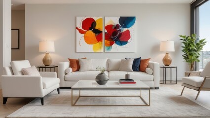 Minimalistic interior featuring a white sofa, glass coffee table, abstract art, and modern decor.
