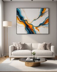 Minimalistic interior featuring a white sofa, glass coffee table, abstract art, and modern decor.