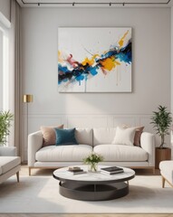 Minimalistic interior featuring a white sofa, glass coffee table, abstract art, and modern decor.