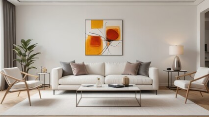 Minimalistic interior featuring a white sofa, glass coffee table, abstract art, and modern decor.