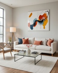 Minimalistic interior featuring a white sofa, glass coffee table, abstract art, and modern decor.