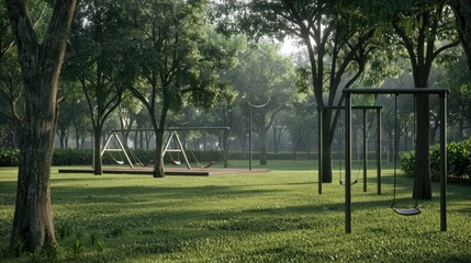 Obraz premium Outdoor fitness equipment is set up on a grassy lawn, surrounded by trees and blue sky with white clouds