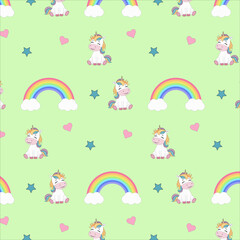 Repeating seamless pattern with unicorns, rainbows, stars and hearts