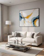 Minimalistic interior featuring a white sofa, glass coffee table, abstract art, and modern decor.
