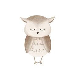 Cartoon animal for kids design . Hand drawn illustration of cute owl on isolated background. Minimalist scandinavian style. Wild forest bird with close eyes.