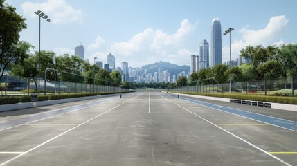 Obraz premium A high-angle view of a bustling Tokyo cityscape, featuring a network of elevated highways winding through the dense urban environment, leading to a towering skyline against a clear blue sky