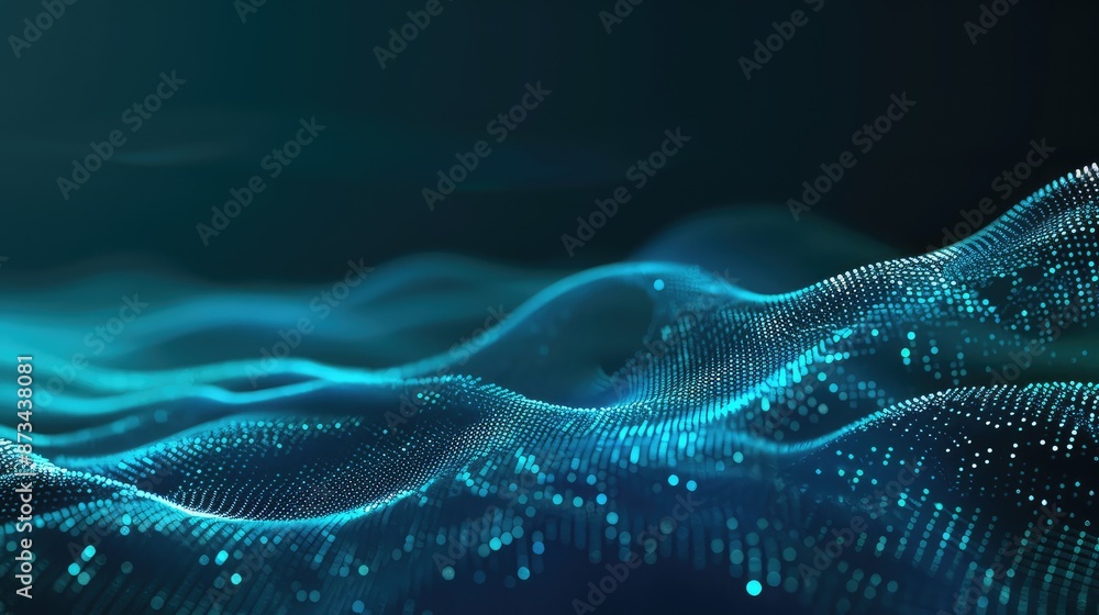 Poster a smooth gradient wave of pixelated particles, transitioning from deep blues to bright cyans, repres