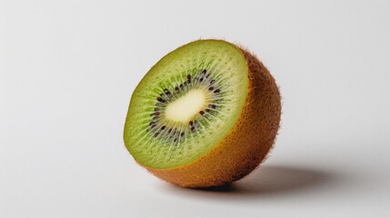 A single kiwi with a smooth, brown skin and a small section cut to reveal the vibrant green flesh, set against a plain white background